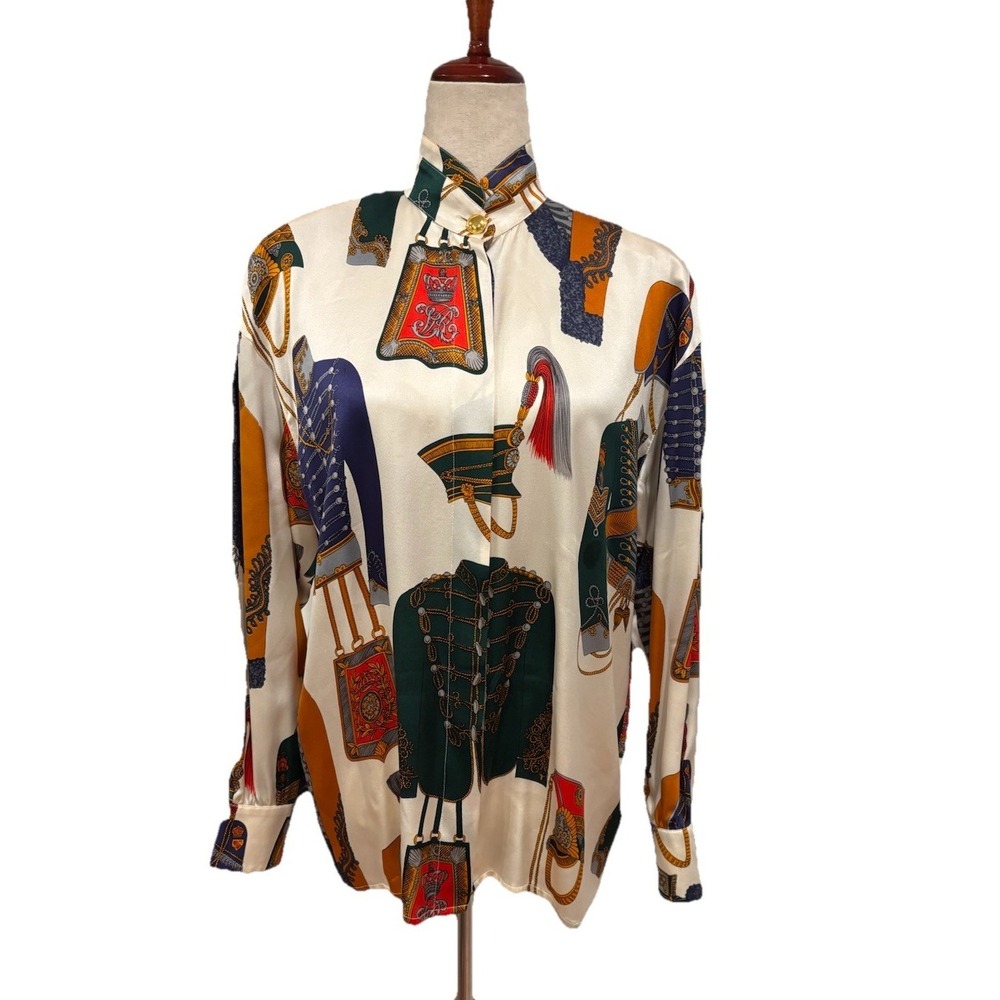 VINTAGE ESCADA MARGARETHA LEY 80s Silk Blouse Military Gold Bottoms Germany 38 M